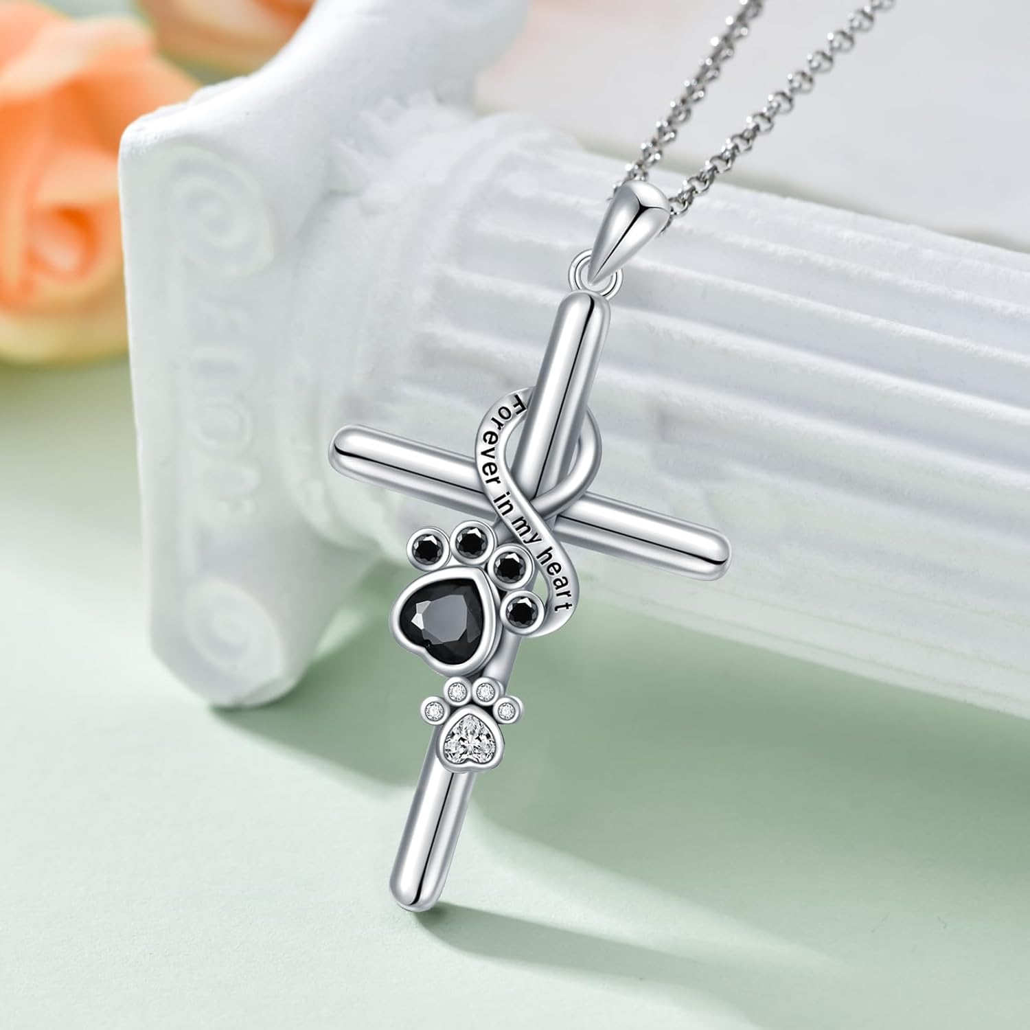 Sterling Silver Necklace – Paw Print / Cross Pendant