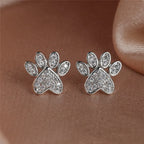 Heart-Shaped Cat Paw Stud Earrings with White Zircon