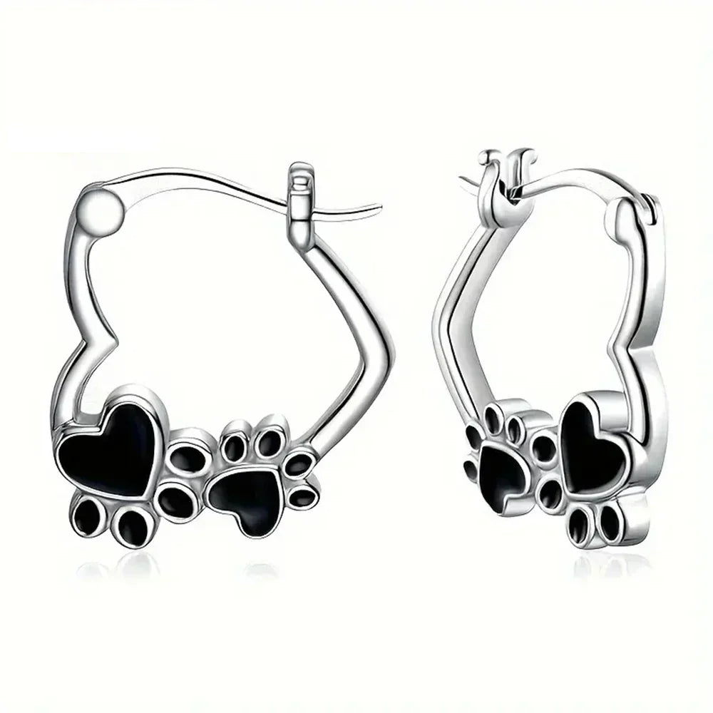 Heart-Paw Hoops – Silver Animal Motif Earrings with Black Enamel Design