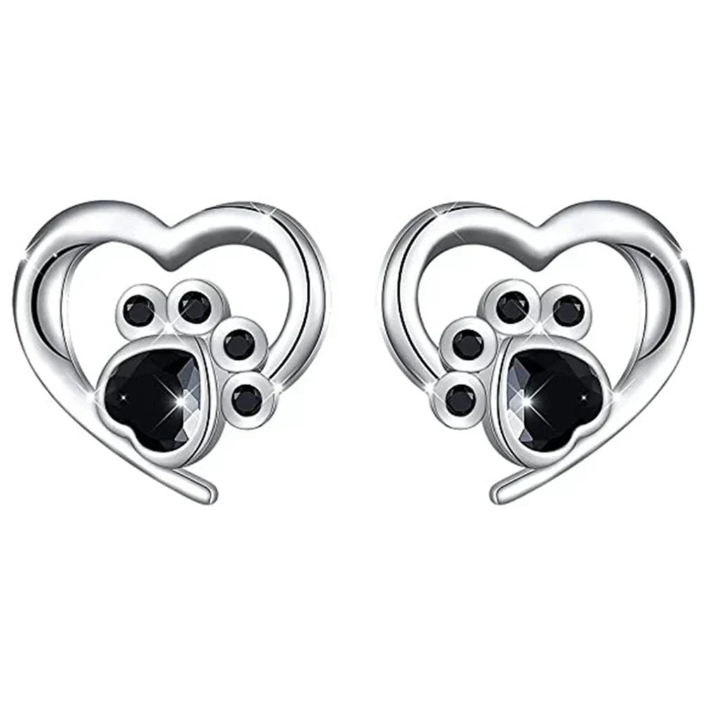 Heart Paw Stud Earrings – Silver-Colored Earrings with Black Crystal