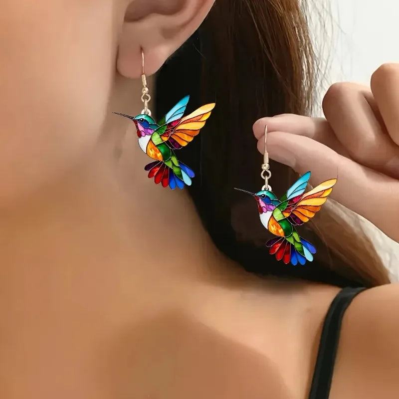 Colorful Hummingbird Dangle Earrings – Acrylic Bird Earrings in 2D Design