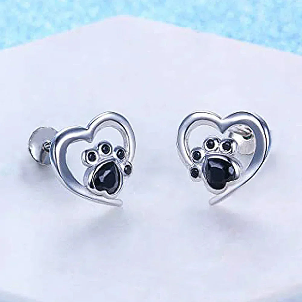 Heart Paw Stud Earrings – Silver-Colored Earrings with Black Crystal
