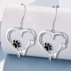 Heart-Shaped Dangle Earrings with Paw Print – Playful Silver Jewelry