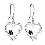 Heart-Shaped Dangle Earrings with Paw Print – Playful Silver Jewelry