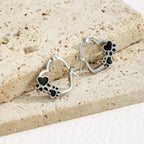 Heart-Paw Hoops – Silver Animal Motif Earrings with Black Enamel Design