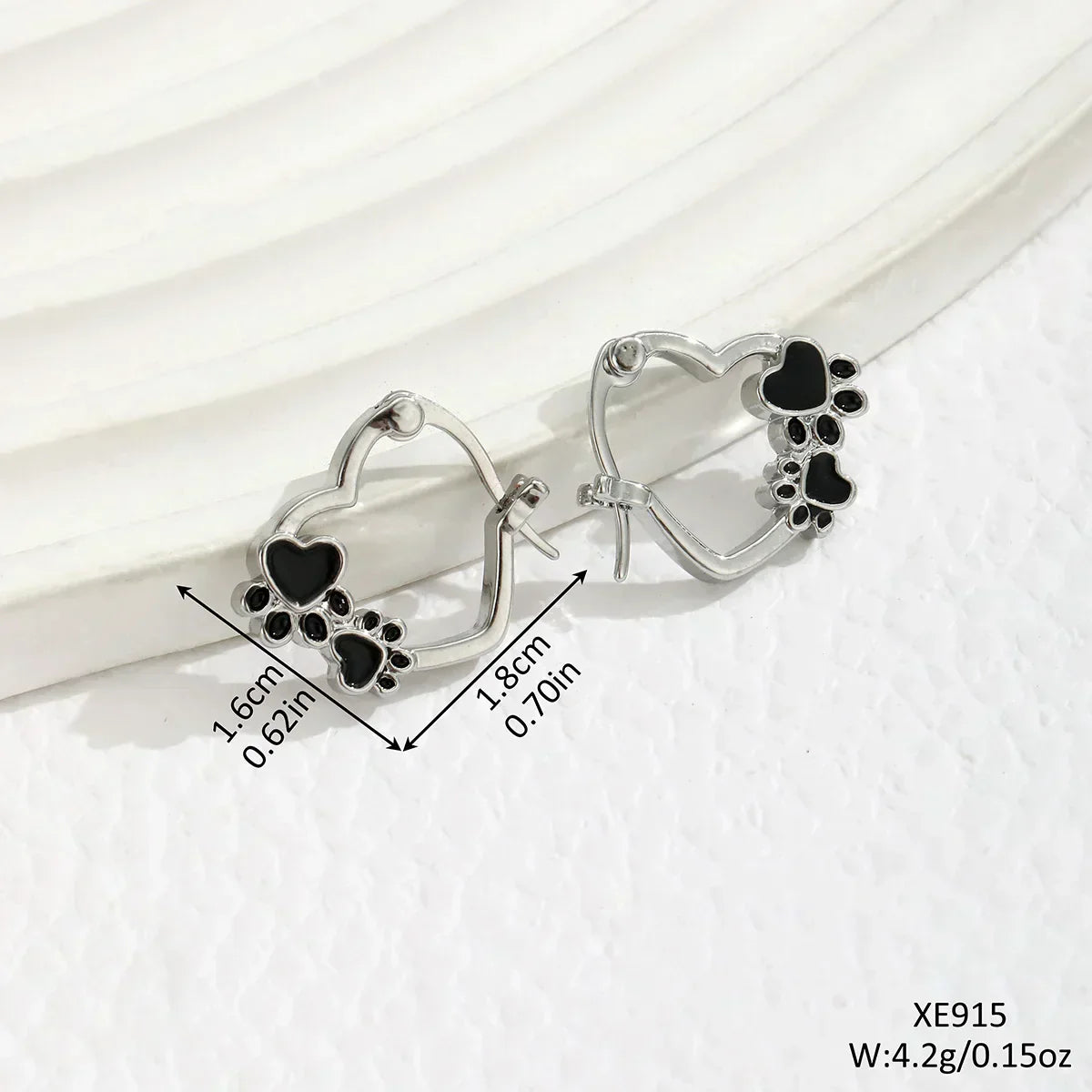 Heart-Paw Hoops – Silver Animal Motif Earrings with Black Enamel Design