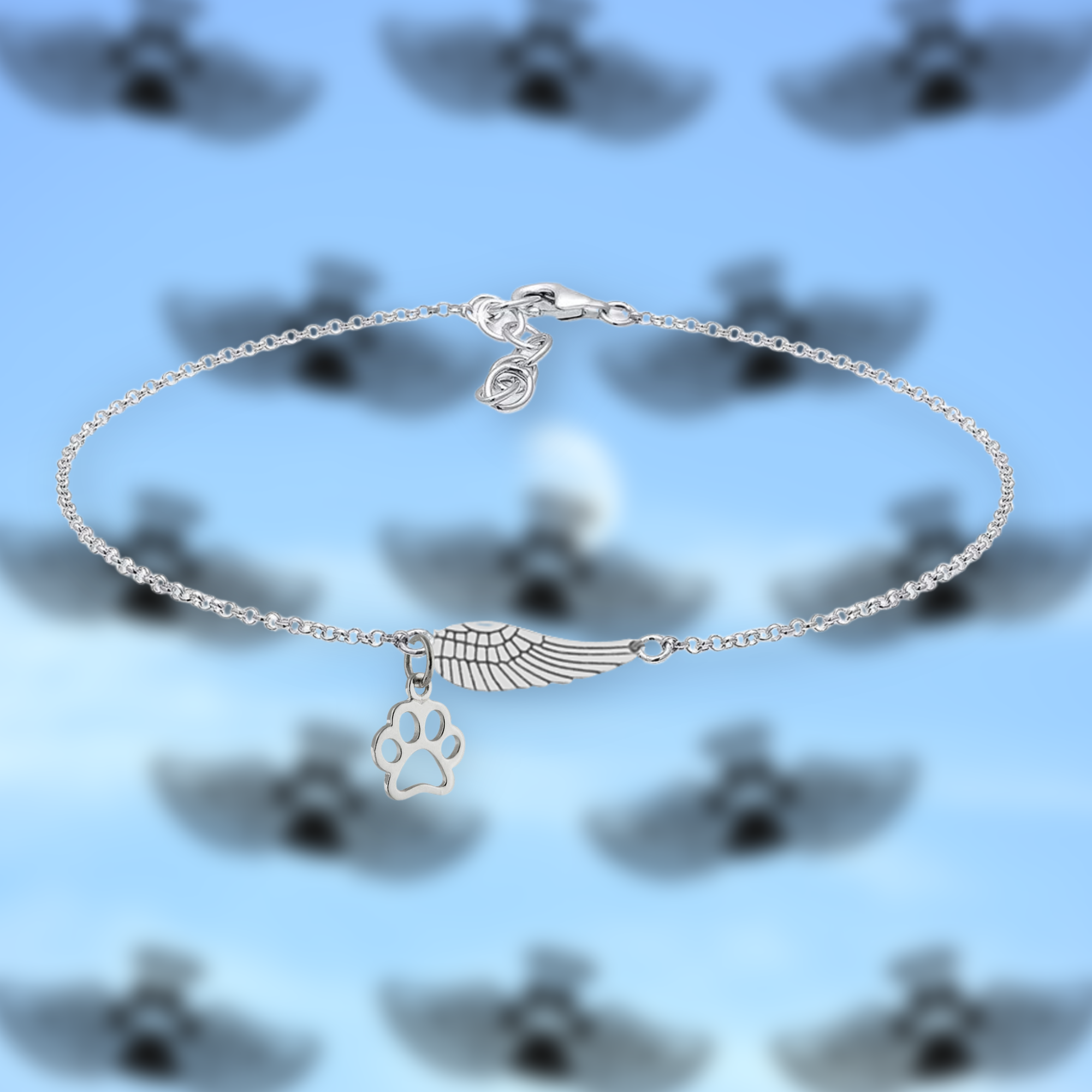 Silver Memorial Bracelet with Angel Wings & Paw Print | Handmade